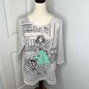 Mesh & Lace Women’s Parisian Shopping Sweater Small Rhinestone Accents SZ L